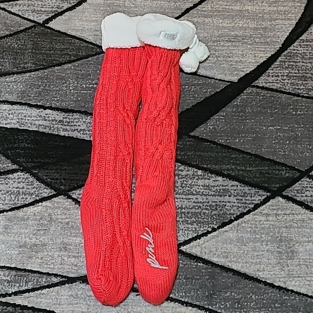 VS PINK SHERPA CABLE KNIT KNEE-HIGH POM-POM LINED SOCKS SLIPPERS